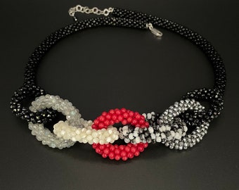 Gemstone Crochet Ring Necklace, labradorite crochet, coral crochet, crochet necklace, Bead Crochet, Artisan Jewelry, Sher Berman