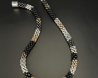 Elegant Bead Crochet Necklace, gold fill, Labradorite, Spinel, Pyrite, sterling silver