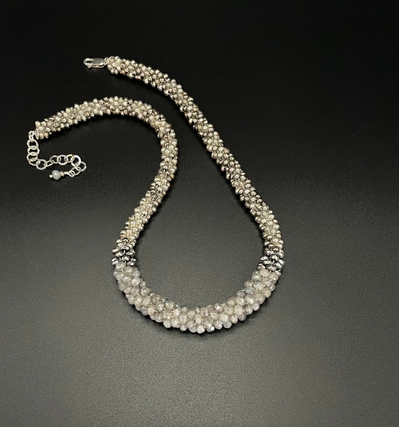 Faceted Silverite Bead Crochet Necklace crochet necklace crocheted beads artisan jewelry Silverite necklace Sher Berman