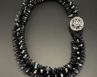 Dramatic Bead Crochet Necklace, Black dagger necklace, crochet necklace, crocheted beads, artisan jewelry, Sher Berman