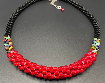Red African White Heart Bead Crochet Necklace: Sterling Silver Clasp