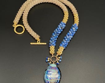 Dreamy blue lampwork bead and lapis crochet Necklace, lapis crochet, lampwork necklace, Artisan Jewelry, Sher Berman