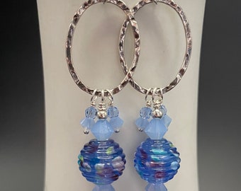 Lampwork Glass Bead Earrings, blue earrings, blue glass earrings, Swarovski crystal Bead Earrings, Artisan Jewelry, Sher Berman