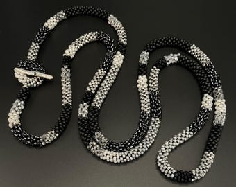 Long bead crochet toggle necklace, Bead Crochet Necklace, pearl crochet necklace, black and silver crochet, Artisan Jewelry, Sher Berman