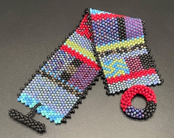Woven beaded cuff, multi colored cuff, hand beaded cuff, peyote stitched cuff, geometric design bracelet, artisan jewelry, Sher Berman