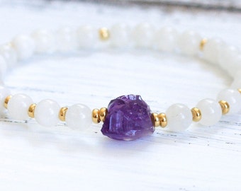 Moonstone Mala Bracelet, Rough Amethyst Bracelet, Wrist Mala Beads, Yoga Jewelry, Spiritual Jewelry, Boho Bracelet, Crystal Healing Jewelry