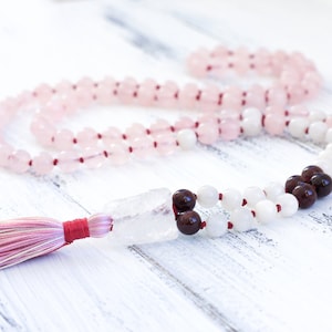 Rose Quartz Mala Beads 108, Moonstone Mala Necklace, Garnet, Yoga Jewelry, Knotted Mala Bracelet, Spiritual Jewelry