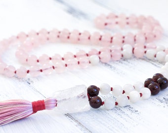 Rose Quartz Mala Beads 108, Moonstone Mala Necklace, Garnet, Yoga Jewelry, Knotted Mala Bracelet, Spiritual Jewelry