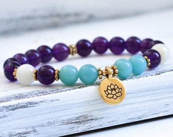 Amethyst Mala Bracelet, Lotus Bracelet, Wrist Mala Beads, Yoga Jewelry, Amazonite, Moonstone - Spiritual, Calming and Healing Energy