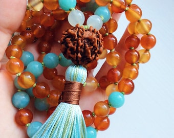 108 Mala Beads, Prayer Beads, Buddhist Mala Necklace, Spiritual Jewelry, Yoga Beads, Carnelian, Amazonite, Moonstone Healing Energy