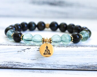 Mala Bracelet, Wrist Mala Beads, Blue Tiger Eye w Fluorite Boho Bracelet, Yoga Jewelry, Spiritual Jewelry, Healing Jewelry