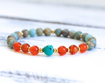 Mala Bracelet, Wrist Mala Beads, Yoga Bracelet, Genuine Turquoise Bracelet, Aqua Terra Jasper / African Opal, Carnelian, Spiritual Jewelry
