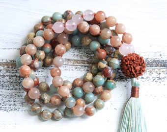 Mala Beads 108, Knotted Mala Necklace, Aqua Terra Jasper African Opal, Sunstone, Tassel Necklace, Yoga Bracelet, Boho Jewelry