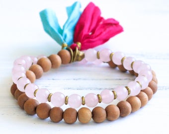 Rose Quartz Mala Beads, Sandalwood Mala Bracelet, Pink Quartz Bracelet, Sandalwood Bracelet, Boho Jewelry, Yoga Jewelry, Meditation
