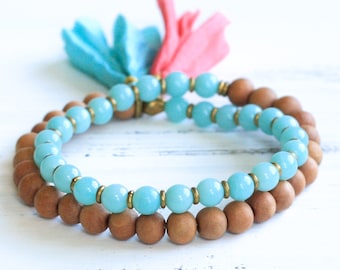 Amazonite Mala Bracelet, Sandalwood Mala Beads, Amazonite Bracelet, Sandalwood Bracelet, Boho Jewelry, Yoga Jewelry