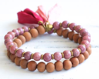 Rhodonite Mala Bracelet, Sandalwood Mala Beads, Sandalwood Bracelet, Mala Prayer Beads, Boho Jewelry, Yoga Jewelry