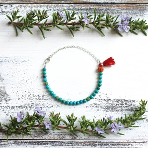 Turquoise Bracelet, Small Bead Bracelet, Wrist Mala Beads, Tassel Bracelet, Yoga Jewelry, Boho Jewelry, Dainty, Tiny Beads