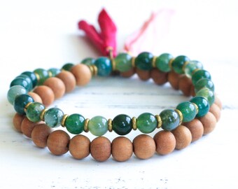 Moss Agate Mala Beads, Sandalwood Mala Bracelet, Tassel Bracelet, Prayer Beads, Boho Jewelry, Yoga Jewelry, Meditation