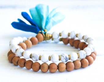Howlite Mala Bracelet, Sandalwood Mala Beads, Howlite Bracelet, Marble Bracelet, Yoga Jewelry, Boho Jewelry, Prayer Beads