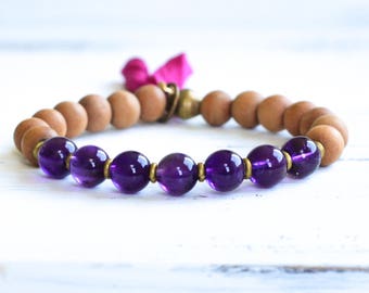 Amethyst Mala Bracelet, Sandalwood Mala Beads, Tassel Bracelet, Sandalwood Bracelet, Boho Jewelry, Yoga Jewelry, Meditation, Healing