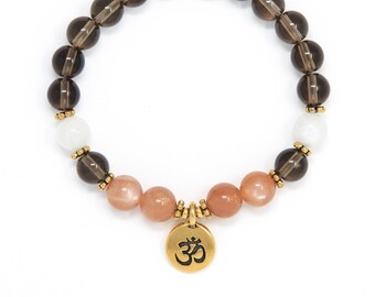 Mala Bracelet, Smoky Quartz, Sunstone Moonstone Mala Beads, Buddhist Bracelet, Lotus Bracelet, Yoga Jewelry, Spiritual Jewelry