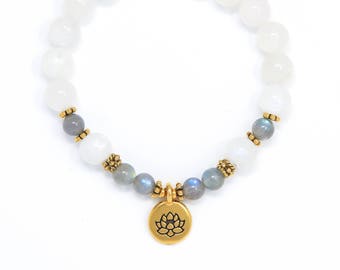 Mondstein Armband mit Labradorit, Armband Mala Perlen, Lotus Armband, spiritueller Schmuck, Yoga Perlen - Heilung, Stressabbau, Stärke