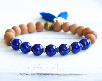 Lapis Mala Bracelet, Sandalwood Mala Beads, Lapis Lazuli Mala Bracelet, Spiritual Jewelry, Yoga Jewelry, Tassel Bracelet, Boho Jewelry