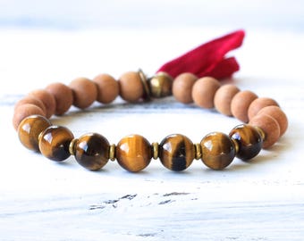 Sandalwood Bracelet, Sandalwood Mala Beads, Tiger Eye Bracelet, Mala Bracelet, Yoga Jewelry, Boho Jewelry