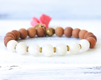 Moonstone Mala Bracelet, Sandalwood Bracelet, Sandalwood Mala Beads, Moonstone Bracelet, Yoga Jewelry, Spiritual Jewelry, Boho, Tassel
