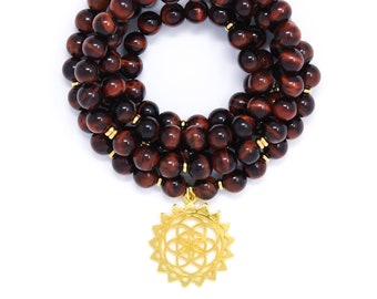 Red Tiger Eye Mala Prayer Beads w/ Seed of Life, Buddhist Mala Bracelet / Necklace, Yoga Beads, Sacred Geometry Jewelry