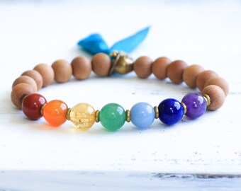 7 Chakra Bracelet, Sandalwood Mala Bracelet, Chakra Mala Beads, Sandalwood Bracelet, Spiritual Jewelry, Yoga Jewelry, Tassel, Boho