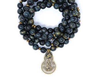 Mala Beads, Prayer Beads, Wrist Mala Bracelet / Necklace, Yoga Jewelry, Blue Tiger Eye