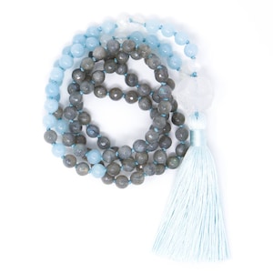 108 Mala Beads, Knotted Mala Necklace with Tassel, Yoga Jewelry, Labradorite, Aquamarine & Moonstone Strength, Stress Relief image 1