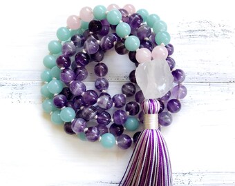 Amethyst Mala Beads 108, Amazonite Mala Necklace, Knotted Mala, Tassel Necklace, Yoga Jewery Meditation Beads Spiritual Jewelry Boho Jewelry