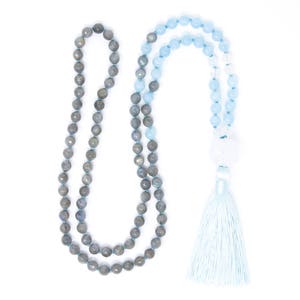 108 perles Mala, collier Mala noué avec pompon, bijoux de yoga, labradorite, aigue-marine et pierre de lune Force, soulagement du stress image 3