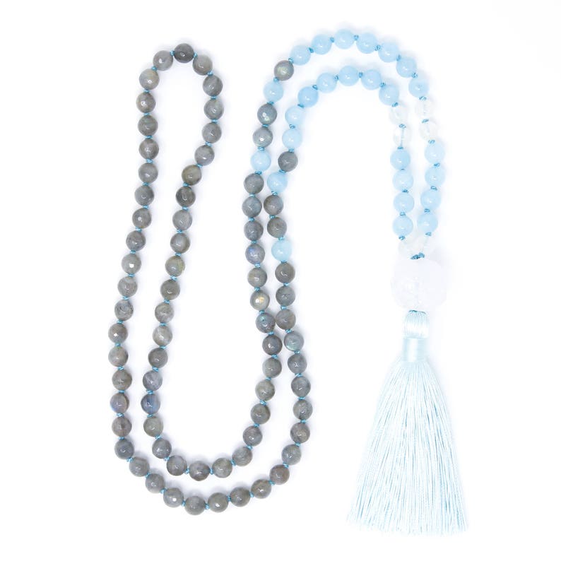 108 Mala Beads, Knotted Mala Necklace with Tassel, Yoga Jewelry, Labradorite, Aquamarine & Moonstone Strength, Stress Relief image 3