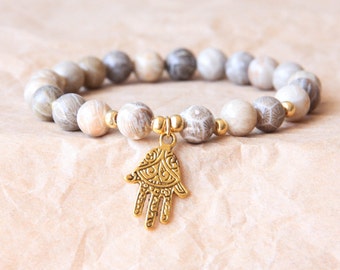 Buddhist Mala Bracelet w Hamsa Hand, Yoga Bracelet, Wrist Mala Beads, Fossil Coral For Positive Mind Stimulation