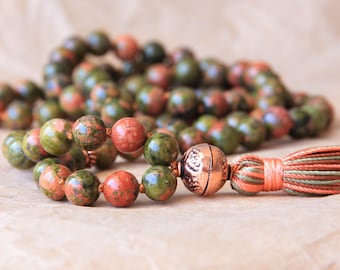 Buddhist Mala Prayer Beads, Japa Mala 108, Meditation Beads, Unakite For Recovery, Spiritual and Psychological Growth