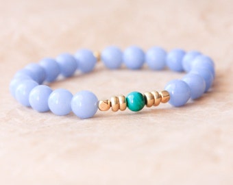 Spiritual Bracelet, Wrist Mala Bracelet, Yoga Jewelry, Angelite & Malachite – For Healing, Protection, Calmness, New Adventures