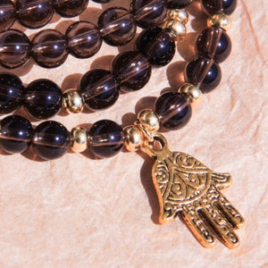 108 Mala Beads, Buddhist Necklace, Japa Mala, Yoga Jewelry, Smoky Quartz For Stress Relief & Detox