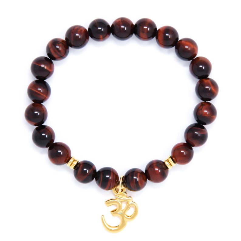 Om Bracelet, Wrist Mala Bead Bracelet, Buddhist Jewelry, Red Tiger Eye For Motivation & Goal Accomplishment image 1