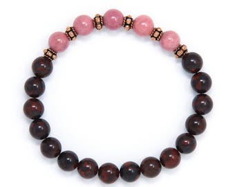 Pulseira Mala de Pulso, Pulseira de Cura, Contas de Meditação, Poppy Jasper e Rhodonite, Mala de Pulso para Cura, Proteção, Alívio do Estresse, Desintoxicação