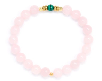 Buddhist Bracelet, Wrist Mala, Yoga Jewelry, Rose Quartz & Malachite – Love, Harmony, Emotional Healing, True Desires