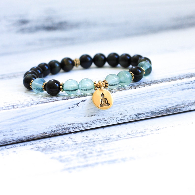 Mala Bracelet, Wrist Mala Beads, Blue Tiger Eye w Fluorite Boho Bracelet, Yoga Jewelry, Spiritual Jewelry, Healing Jewelry image 2