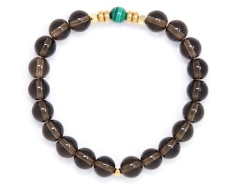 Mala Bracelet, Spiritual Jewelry, Buddhist Prayer Bracelet, Smoky Quartz & Malachite - For Stress Relief, Detox, Finding Solutions