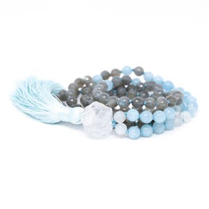 108 Mala Beads, Knotted Mala Necklace with Tassel, Yoga Jewelry, Labradorite, Aquamarine & Moonstone Strength, Stress Relief image 2