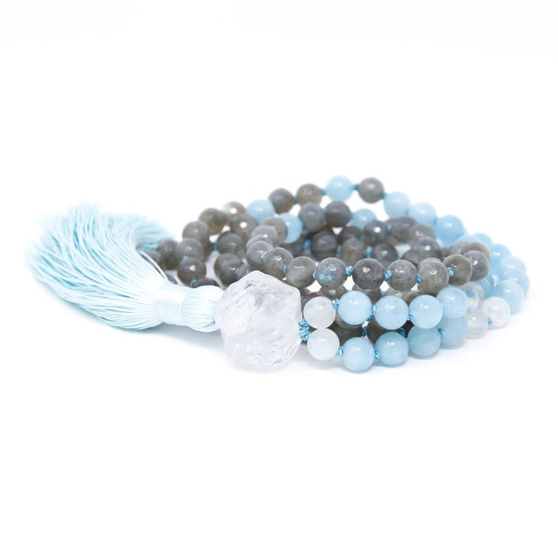 108 Mala Beads, Knotted Mala Necklace with Tassel, Yoga Jewelry, Labradorite, Aquamarine & Moonstone Strength, Stress Relief image 2