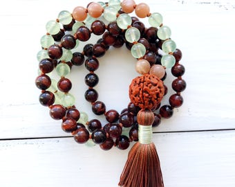 108 Mala Beads, Knotted Mala Necklace, Red Tiger Eye, Prehnite, Sunstone, Rudraksha, Yoga Jewelry, Spiritual Jewelry, Tassel Necklace