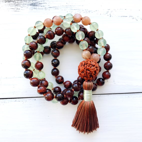 108 Mala Beads, Knotted Mala Necklace, Red Tiger Eye, Prehnite, Sunstone, Rudraksha, Yoga Jewelry, Spiritual Jewelry, Tassel Necklace