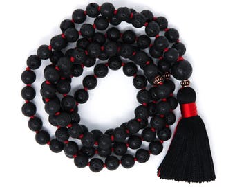 Prayer Beads, 108 Mala Necklace, Lava Stone Necklace, Black Mala, Knotted Mala Beads, Yoga Jewelry